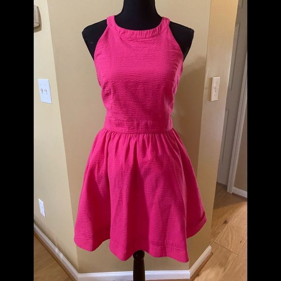 Lauren James raspberry coloured halter flared dress. Sash with bow tie. - Picture 1 of 14